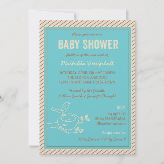 Bird Nest Turquoise Baby shower Invitation Kaart (Voorkant)