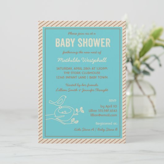 Bird Nest Turquoise Baby shower Invitation Kaart (Staand voorkant)
