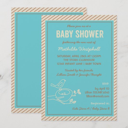 Bird Nest Turquoise Baby shower Invitation Kaart (Voorkant / Achterkant)