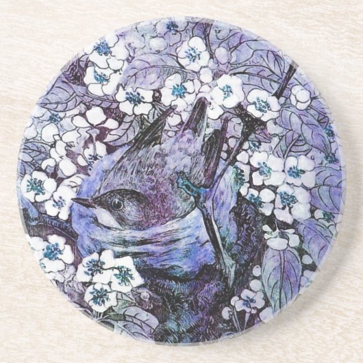 BIRD NEST, wit, blauw blauwgroen Zandsteen Onderzetter (Voorkant)