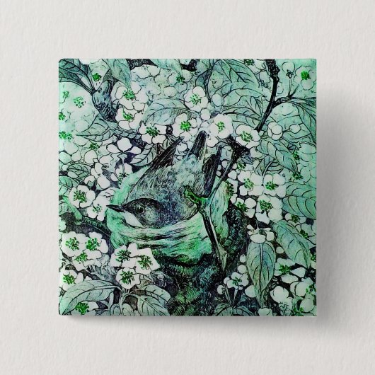 BIRD NEST, wit groen Vierkante Button 5,1 Cm (Voorkant)