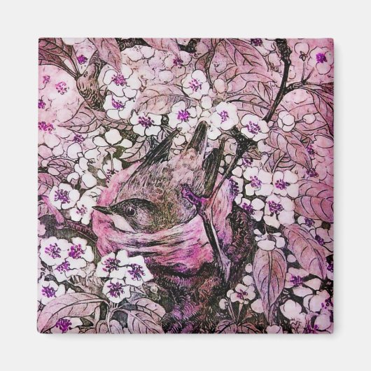 BIRD NEST, wit rood roze violet Magneet (Voorkant)