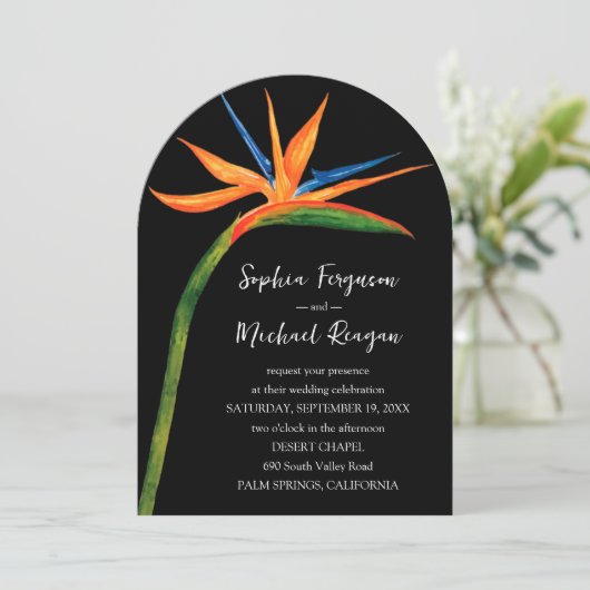 Bird of Paradise Arch Top Wedding Kaart (Staand voorkant)