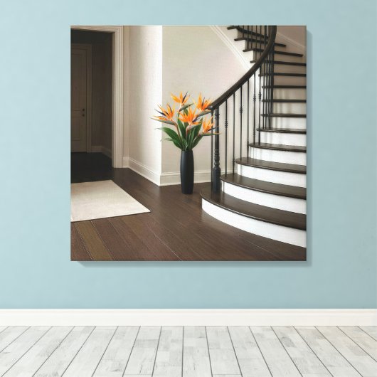 Bird of Paradise Floral Arrangement door een trap Canvas Afdruk (Insitu (Houten vloer))