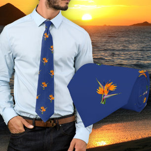 Bird of Paradise Flowers Patterned Navy Blue Tie Stropdas