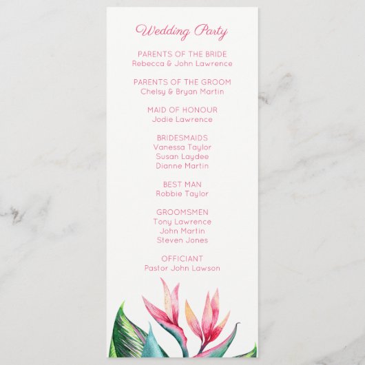 Bird of Paradise Tropische huwelijksprogramma's Programmakaart (Achterkant)