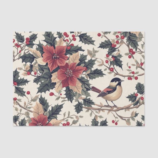 Bird on a Branch with Berries and Poinsettias Tissuepapier (Voorkant)