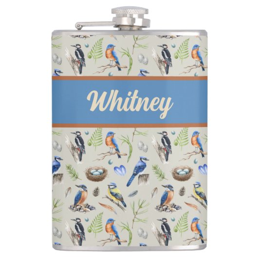 Bird Pattern Kingfisher, Blue Jay, Woodpecker Name Heupfles (Voorkant)