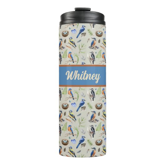 Bird Pattern Kingfisher, Blue Jay, Woodpecker Name Thermosbeker (Voorkant)