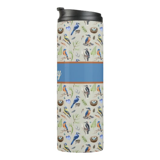 Bird Pattern Kingfisher, Blue Jay, Woodpecker Name Thermosbeker (Geroteerd rechts)