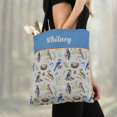 Bird Pattern Kingfisher, Blue Jay, Woodpecker Name Tote Bag
