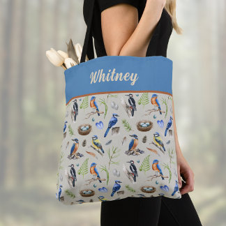 Bird Pattern Kingfisher, Blue Jay, Woodpecker Name Tote Bag