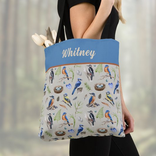 Bird Pattern Kingfisher, Blue Jay, Woodpecker Name Tote Bag