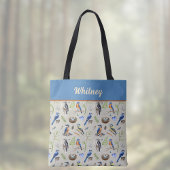 Bird Pattern Kingfisher, Blue Jay, Woodpecker Name Tote Bag