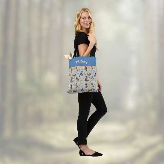Bird Pattern Kingfisher, Blue Jay, Woodpecker Name Tote Bag