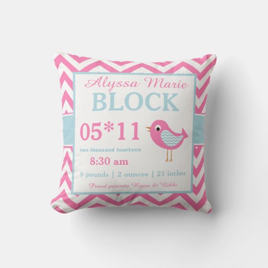 Bird Pink Blue Baby Announcement Pillow Kussen (Voorkant)