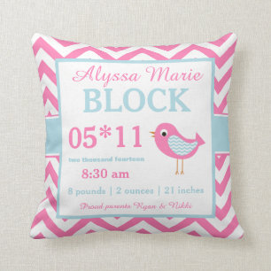 Bird Pink Blue Baby Announcement Pillow Kussen