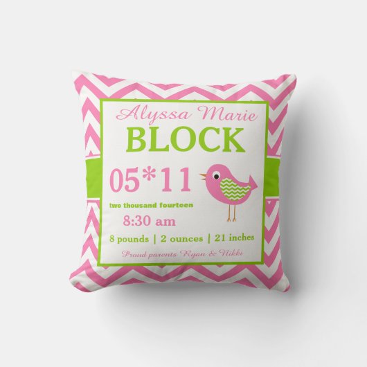 Bird Pink Green Baby Announcement Pillow Kussen (Voorkant)