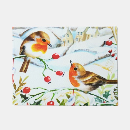 Bird Robin Couple Winter Holly Kerstmis Deurmat (Voorkant)