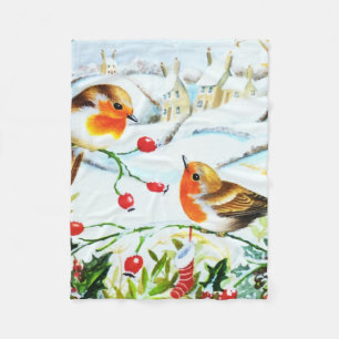 Bird Robin Couple Winter Holly Kerstmis Fleece Deken