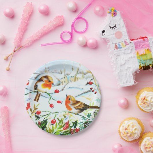 Bird Robin Couple Winter Holly Kerstmis Papieren Bordje (Feest)
