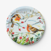 Bird Robin Couple Winter Holly Kerstmis Papieren Bordje (Voorkant)