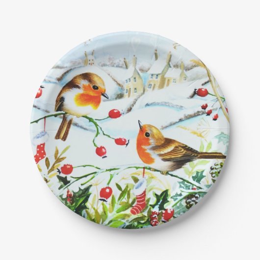 Bird Robin Couple Winter Holly Kerstmis Papieren Bordje (Voorkant)