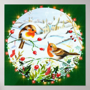 Bird Robin Couple Winter Holly Kerstmis Poster