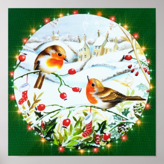 Bird Robin Couple Winter Holly Kerstmis Poster (Voorkant)