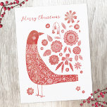 Bird Scandinavian Feestdagenkaart<br><div class="desc">De Scandinavische volkskunst is rood en witte kerstkaart. Verander of verwijder de groet op de voorzijde en uw adres op de rug om zich te personaliseren. Originele kunst van Nic Squirrell.</div>