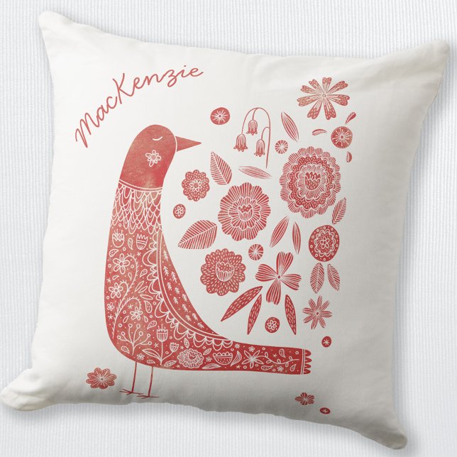 Bird Scandinavian Red White gepersonaliseerd Kussen (Red and white personalized custom name folk art Scandinavian bird and flower throw pillow)