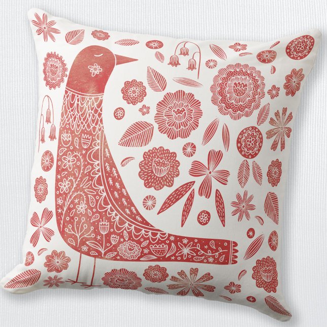 Bird Scandinavian Red White Kussen (Red and white folk art Scandinavian bird and flower throw pillow)