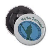 Bird Silhouette Waardering Blauw Grijs Dank u Button Flesopener (Voorkant)