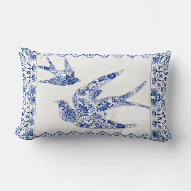 Bird Swallow Blue White Chinoiserie Floral  Kussen (Voorkant)