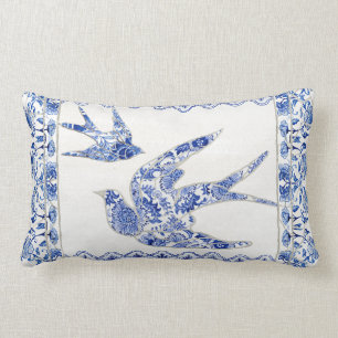 Bird Swallow Blue White Chinoiserie Floral Kussen