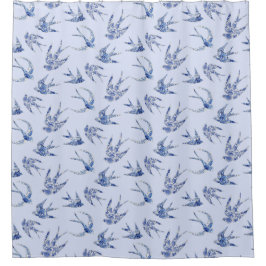 Bird Swallow Floral Blue White  Chinoiserie Douchegordijn