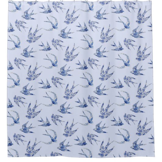 Bird Swallow Floral Blue White  Chinoiserie Douchegordijn (Voorkant)