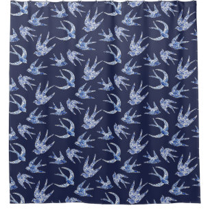 Bird Swallow Floral Navy White Chinees Douchegordijn
