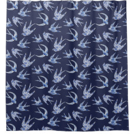 Bird Swallow Floral Navy White  Chinese Douchegordijn