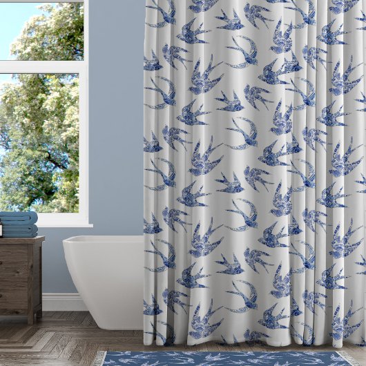 Bird Swallow Floral Navy White Chinoiserie Douchegordijn