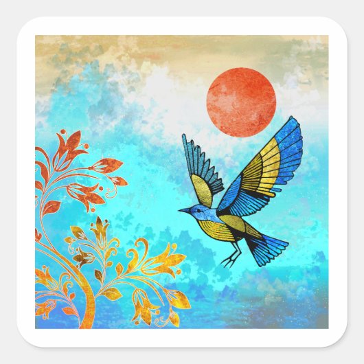 Bird Tree Sun Vierkante Sticker (Voorkant)