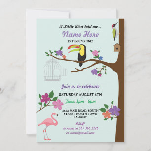Bird Tucan GirI Birthday Mint Twins Invite Kaart