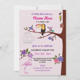 Bird Tucan GirI Birthday Pink Twins Invite Kaart