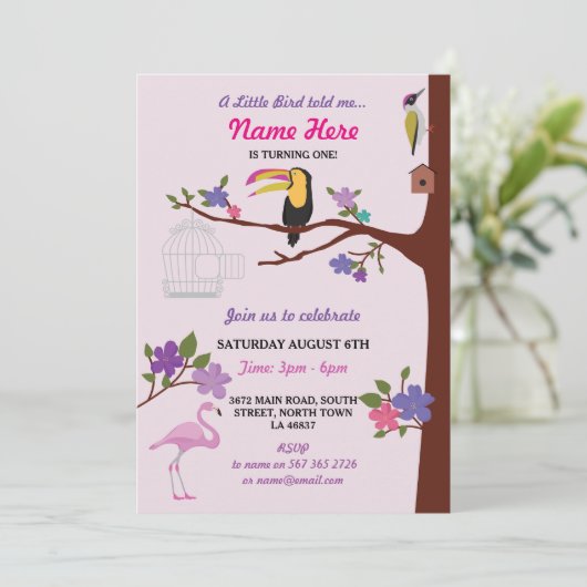 Bird Tucan GirI Verjaardag Roze Tweeling Uitnodige Kaart (Staand voorkant)