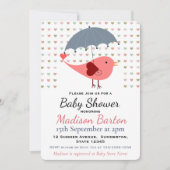 Bird Under Umbrella Raining Hearts Baby Shower Kaart (Voorkant)