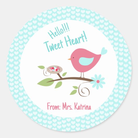 Bird Valentijnsdag Kinderen Hallo Tweet Heart Ronde Sticker (Voorkant)