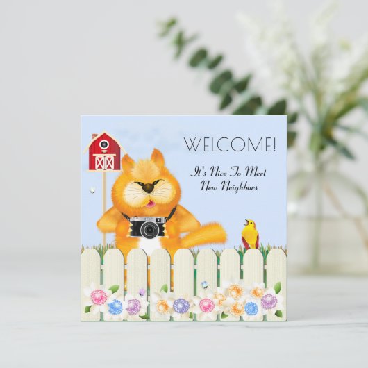 Bird verwelkomt kat naar de buurt nieuw huis kaart (Staand voorkant)