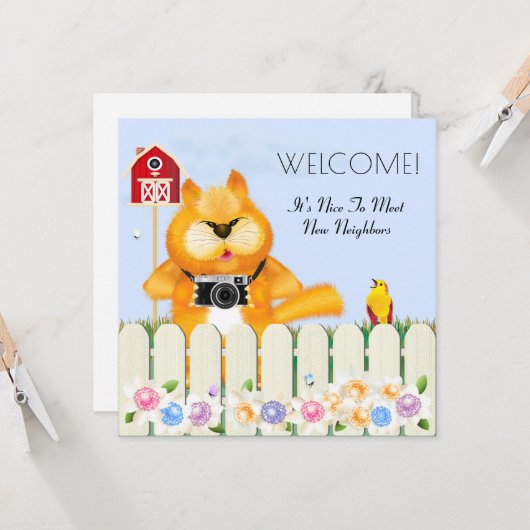 Bird verwelkomt kat naar de buurt nieuw huis kaart (Voorkant / Achterkant in situ)