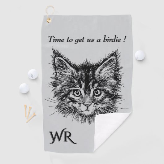 Bird Watching Kitten Face Funny w Monogram grey Golfhanddoek (Insitu)