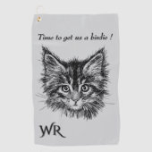 Bird Watching Kitten Face Funny w Monogram grey Golfhanddoek (Voorkant)